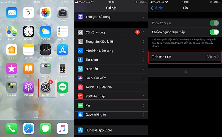 Giao diện cài đặt pin trên iPhone hiển thị phần Tình trạng pin